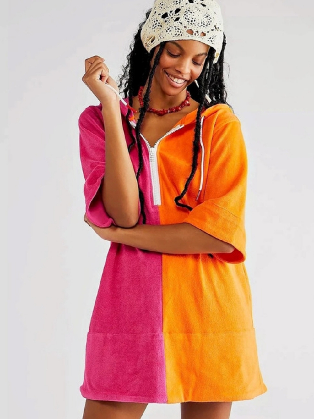 Solid & Striped The Zip Hoodie Dress Color Block Pink & Orange XS